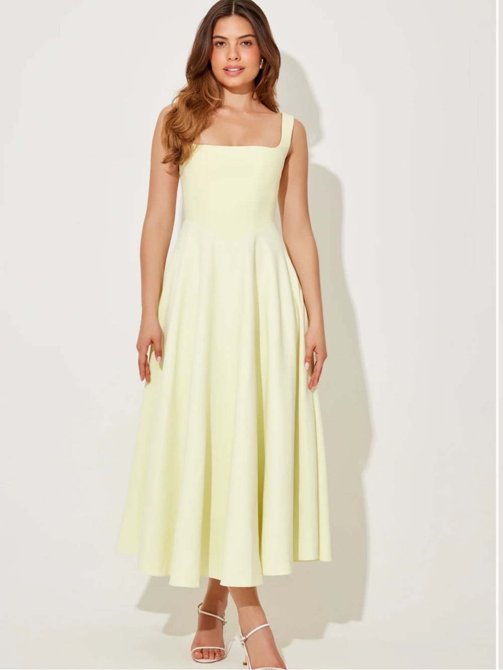 NWT Odd Muse Square-Neck A-Line Midi Dress in Light Yellow